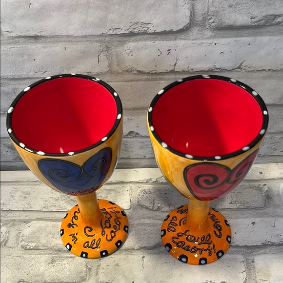 Set of 2 Colorful Heart Design wine Goblets love comes in all colors pottery - Picture 2 of 9